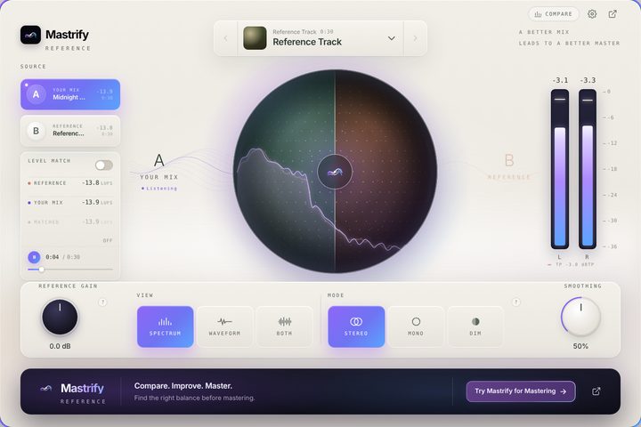 Mastrify Reference plugin: your mix and a reference track side by side